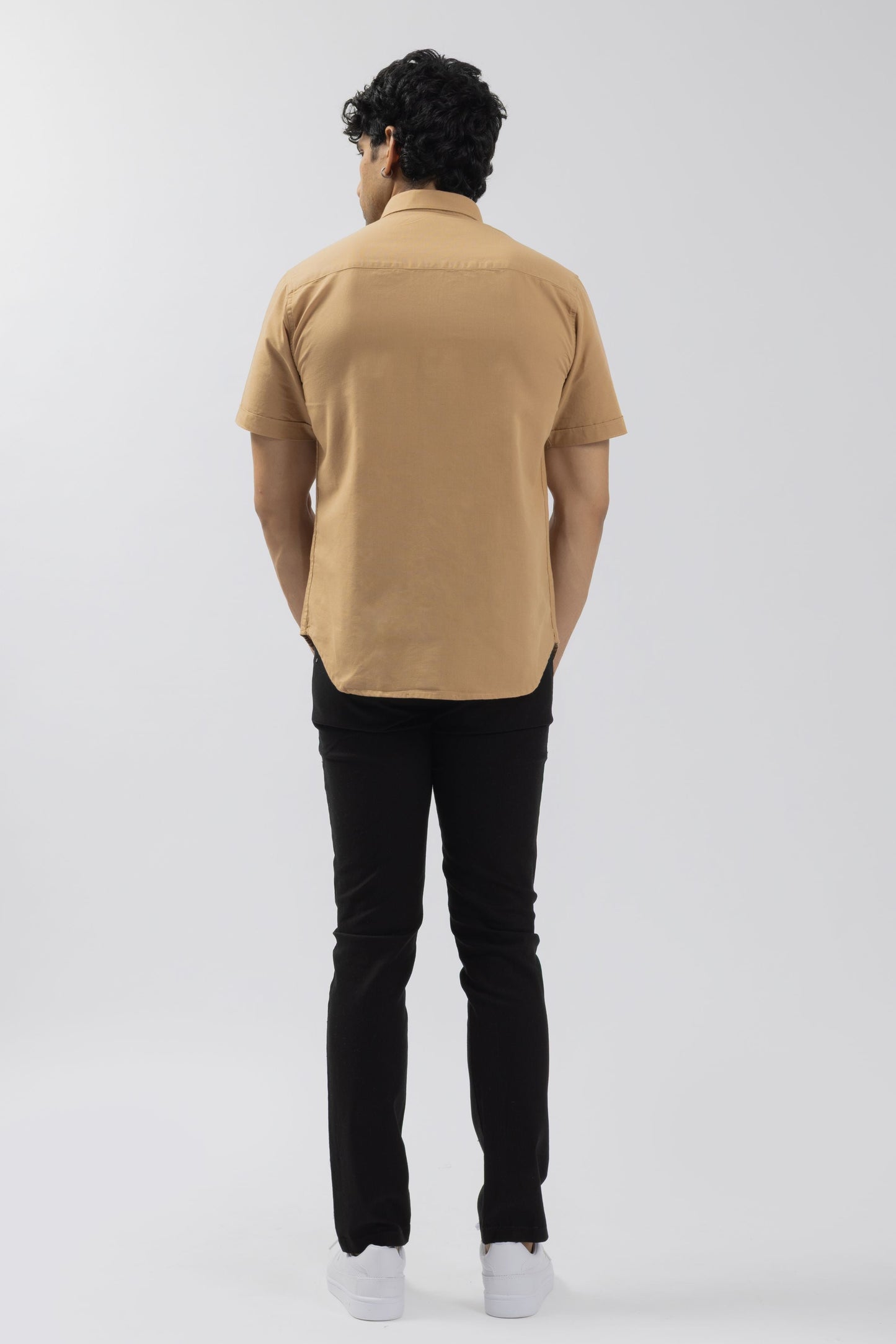 Camel Tan Half-Sleeve Linen Blend Shirt