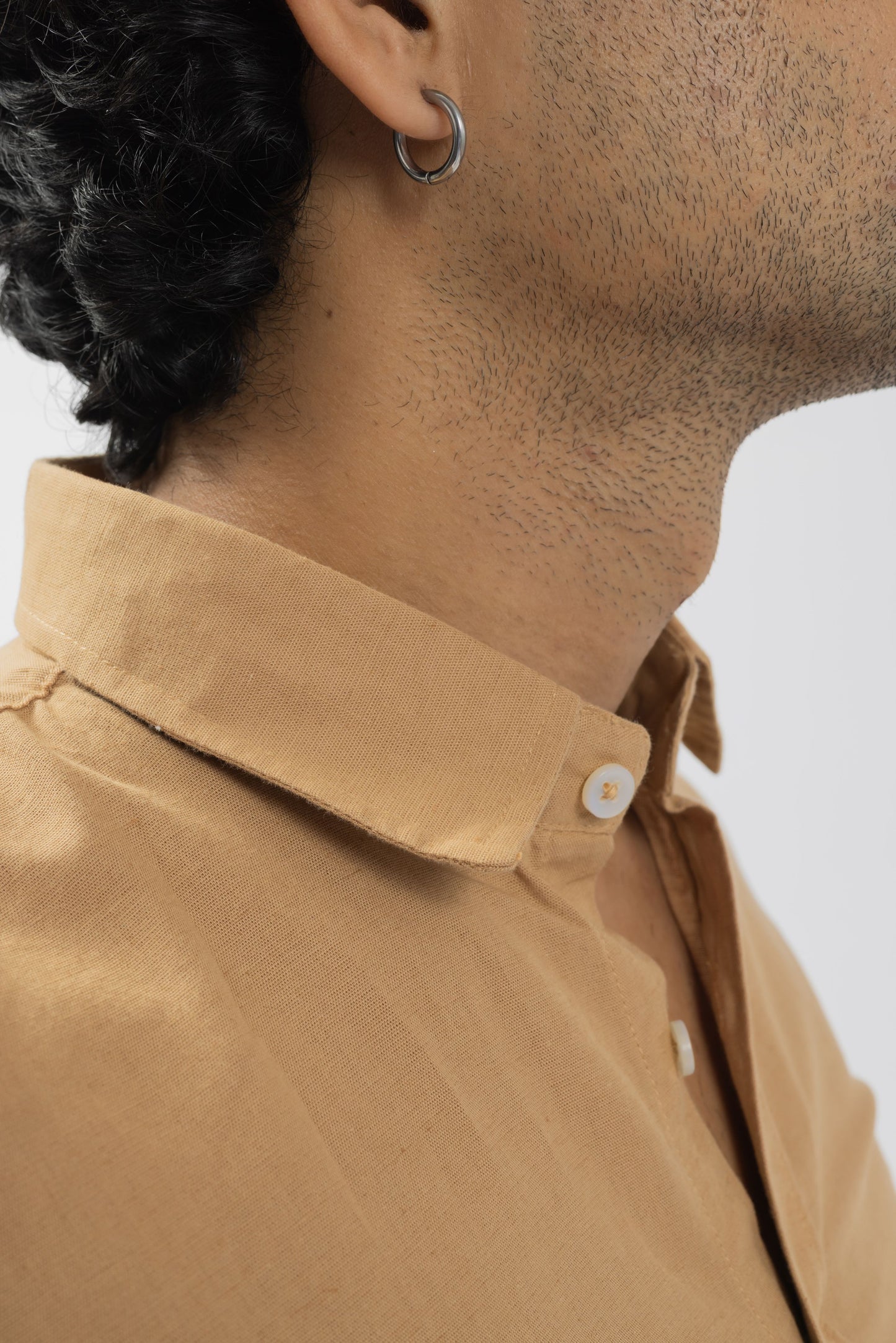 Camel Tan Half-Sleeve Linen Blend Shirt