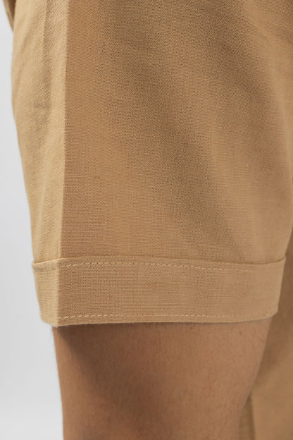 Camel Tan Half-Sleeve Linen Blend Shirt