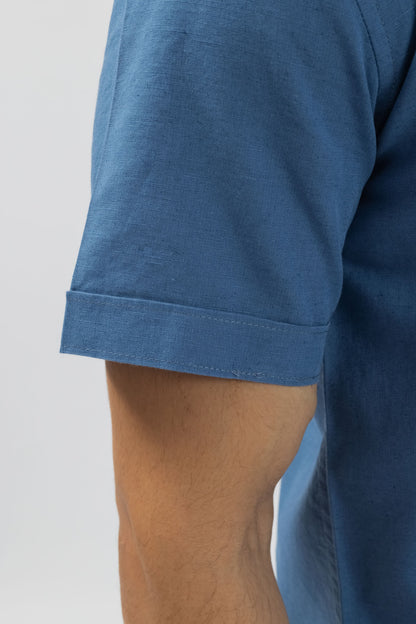 Steel Blue Half Sleeve Linen Shirt for Men | Pure Linen Blend