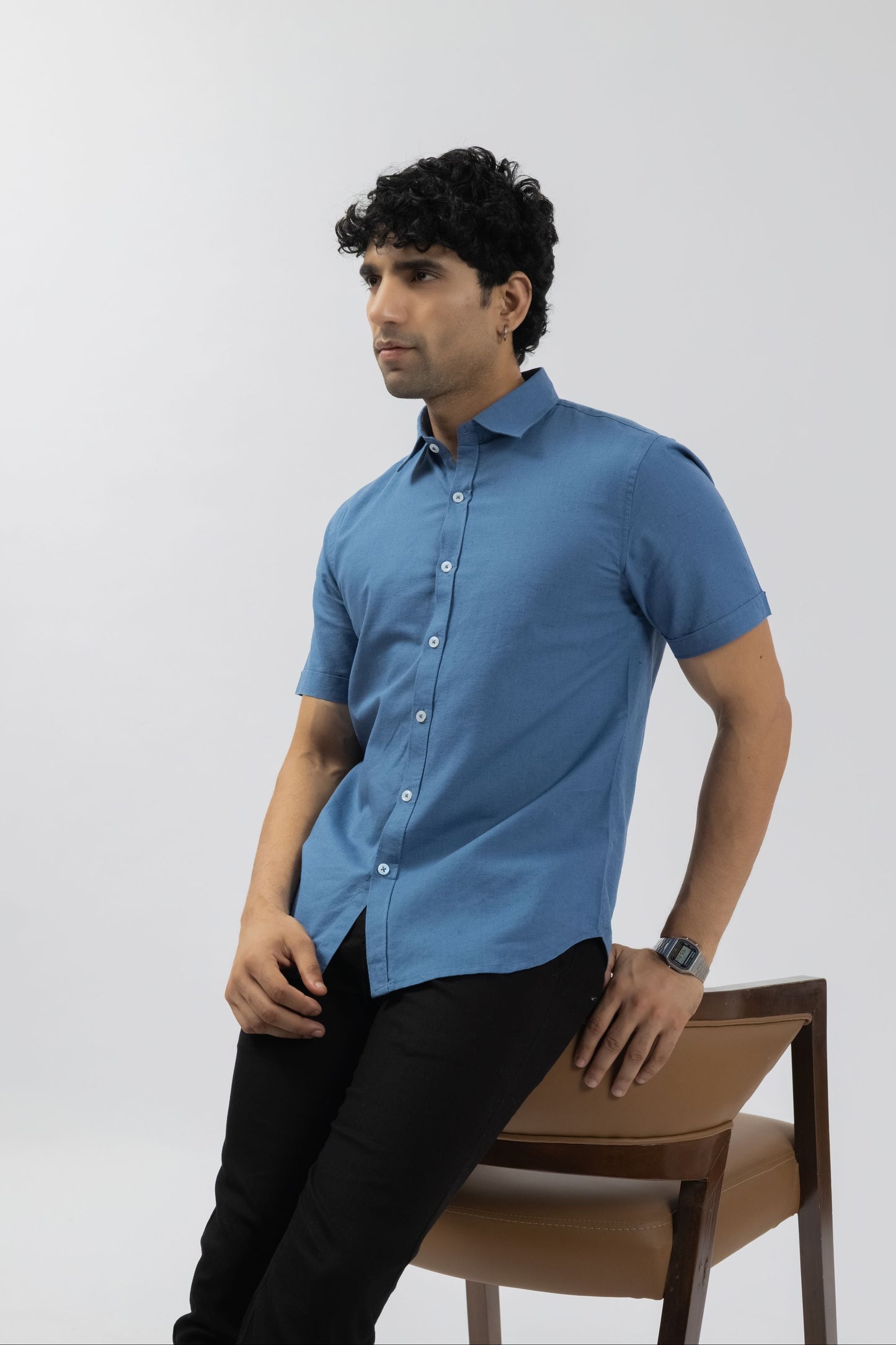 Steel Blue Half Sleeve Linen Shirt for Men | Pure Linen Blend