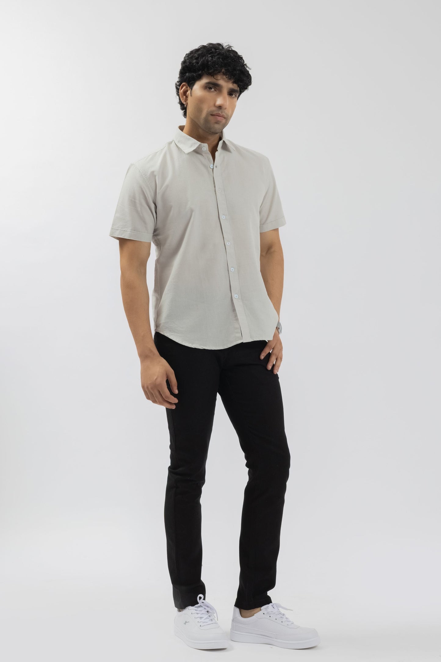 Ash Grey Half-Sleeve Linen Blend Shirt with Contrast Placket
