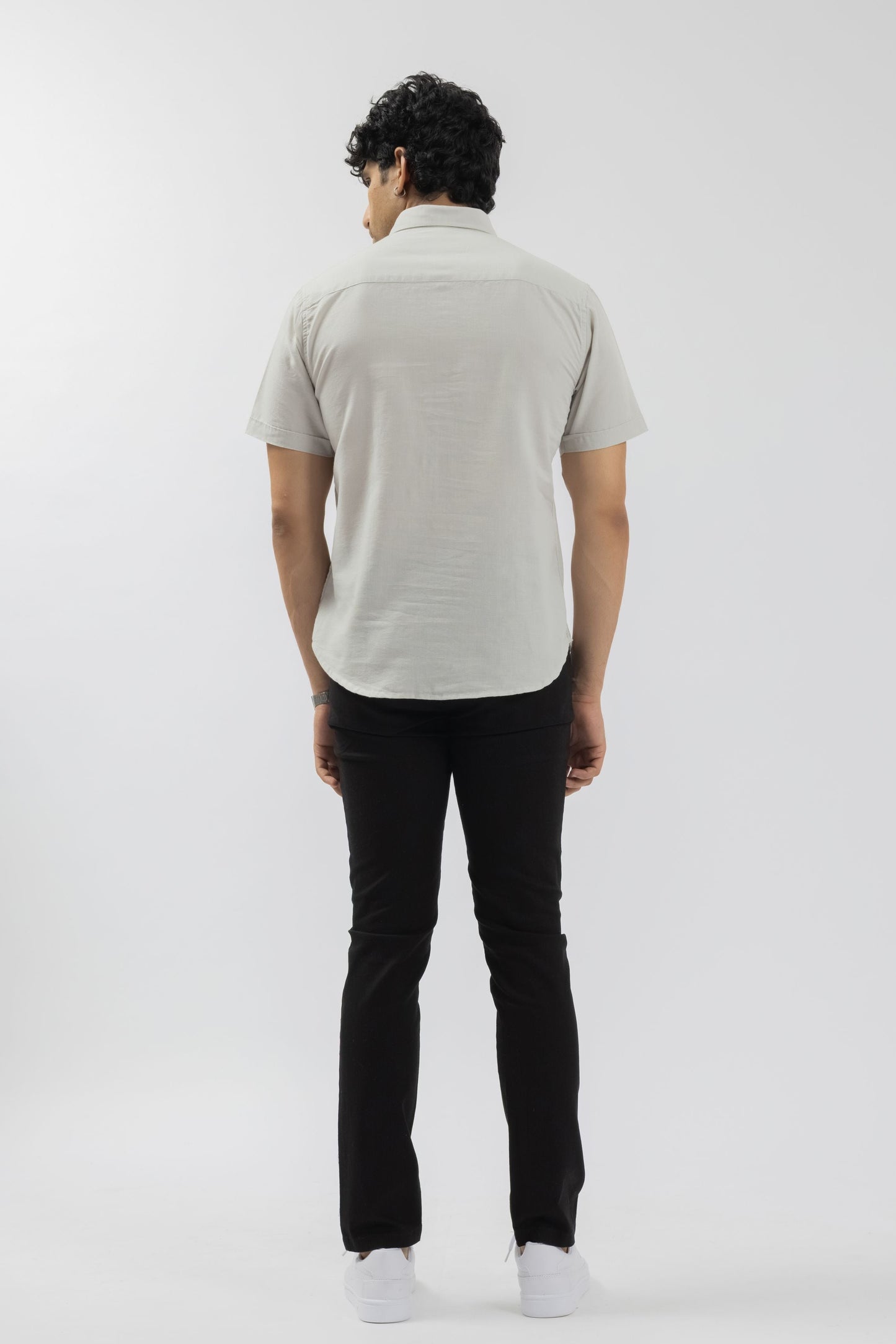 Ash Grey Half-Sleeve Linen Blend Shirt with Contrast Placket