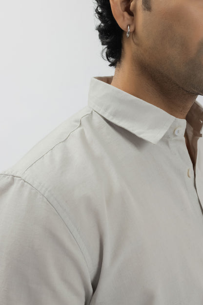 Ash Grey Half-Sleeve Linen Blend Shirt with Contrast Placket