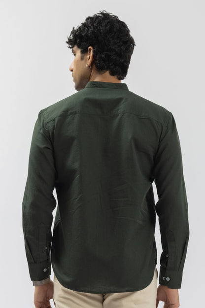 Forest Green Mandarin Collar Linen Shirt for Men | Pure Linen Blend Full Sleeve Shirt
