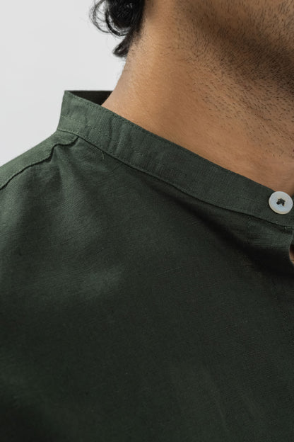 Forest Green Mandarin Collar Linen Shirt for Men | Pure Linen Blend Full Sleeve Shirt