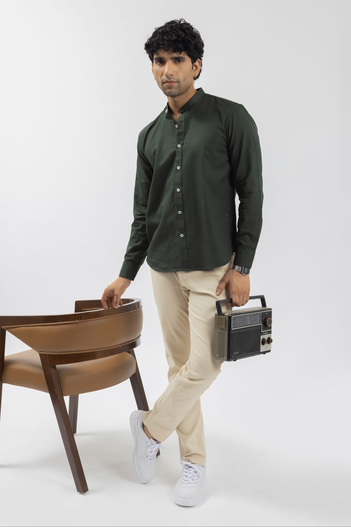 Forest Green Mandarin Collar Linen Shirt for Men | Pure Linen Blend Full Sleeve Shirt