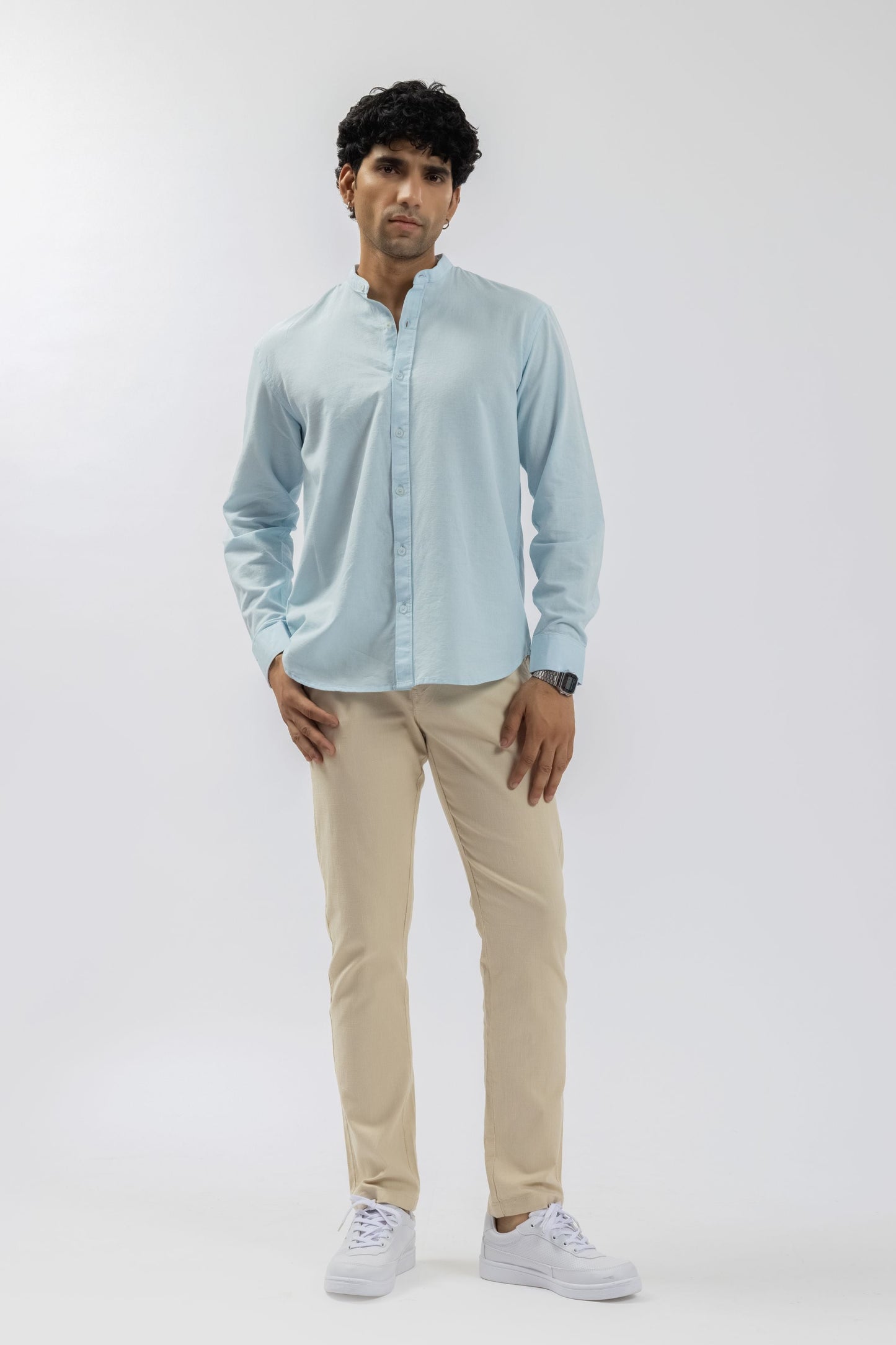 Sky Blue Mandarin Collar Shirt | Pure Linen Blend Full Sleeves