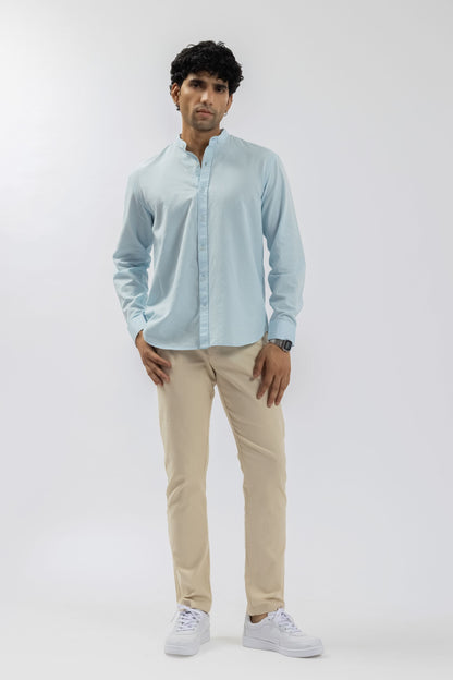 Sky Blue Mandarin Collar Shirt | Pure Linen Blend Full Sleeves