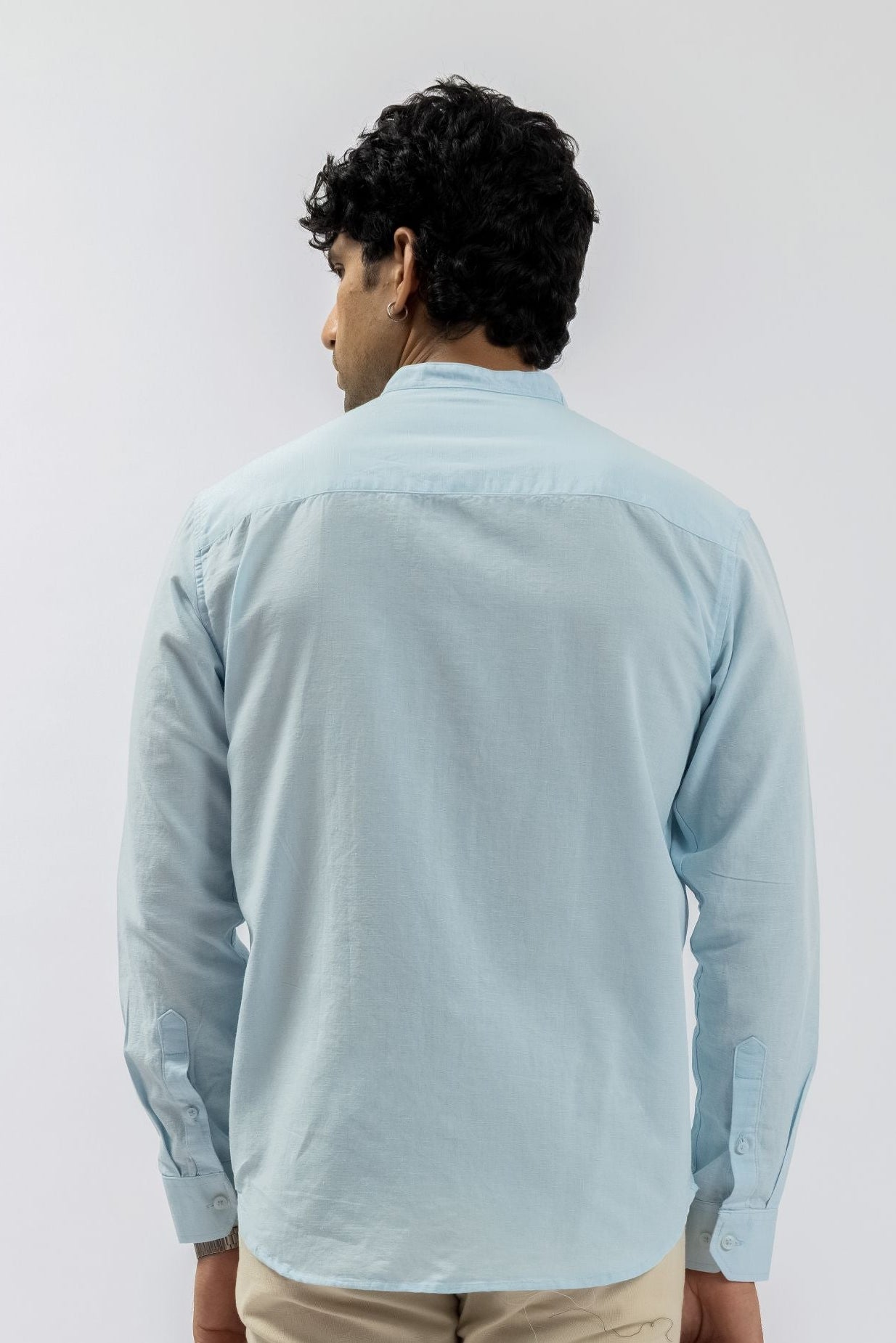 Sky Blue Mandarin Collar Shirt | Pure Linen Blend Full Sleeves