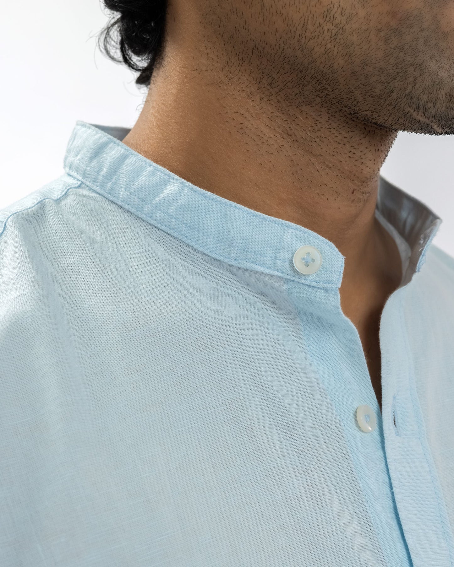 Sky Blue Mandarin Collar Shirt | Pure Linen Blend Full Sleeves