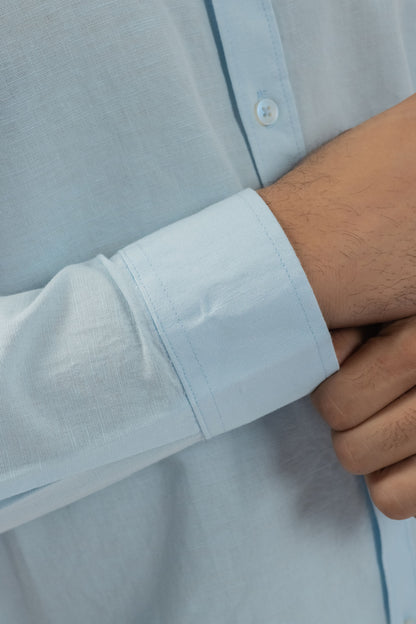 Sky Blue Mandarin Collar Shirt | Pure Linen Blend Full Sleeves