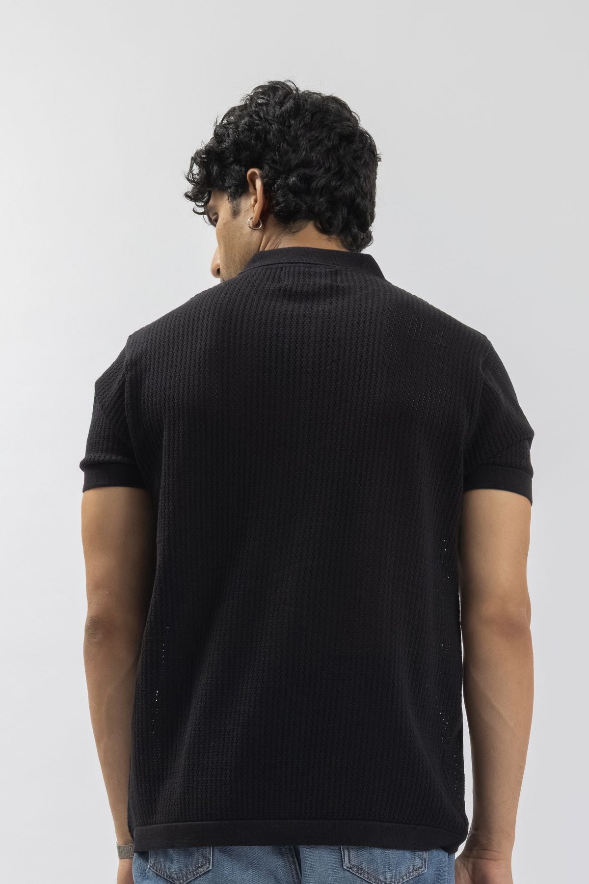 Black Textured Button-Front Knitted Shirt