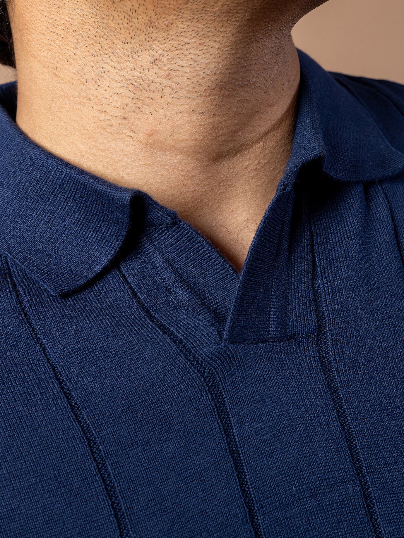 Navy Blue Rib Knit Polo for Men | 100% Cotton Regular Fit Open Collar