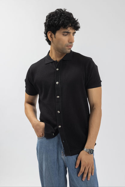 Black Textured Button-Front Knitted Shirt
