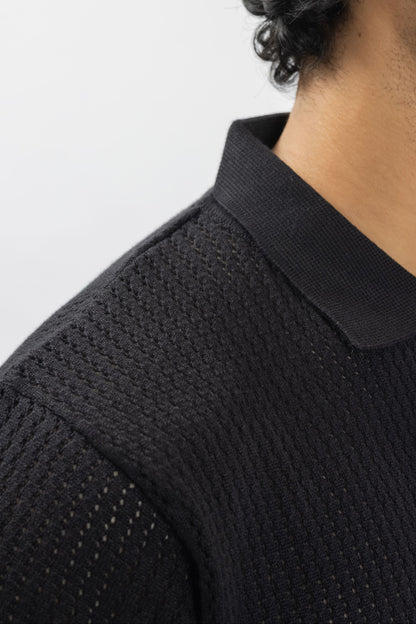 Black Textured Button-Front Knitted Shirt