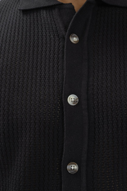 Black Textured Button-Front Knitted Shirt