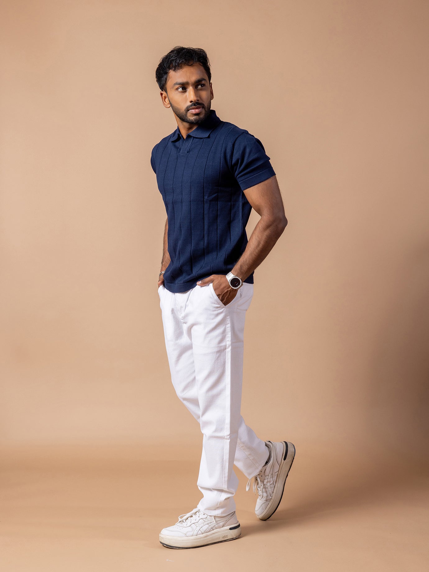 Navy Blue Rib Knit Polo for Men | 100% Cotton Regular Fit Open Collar