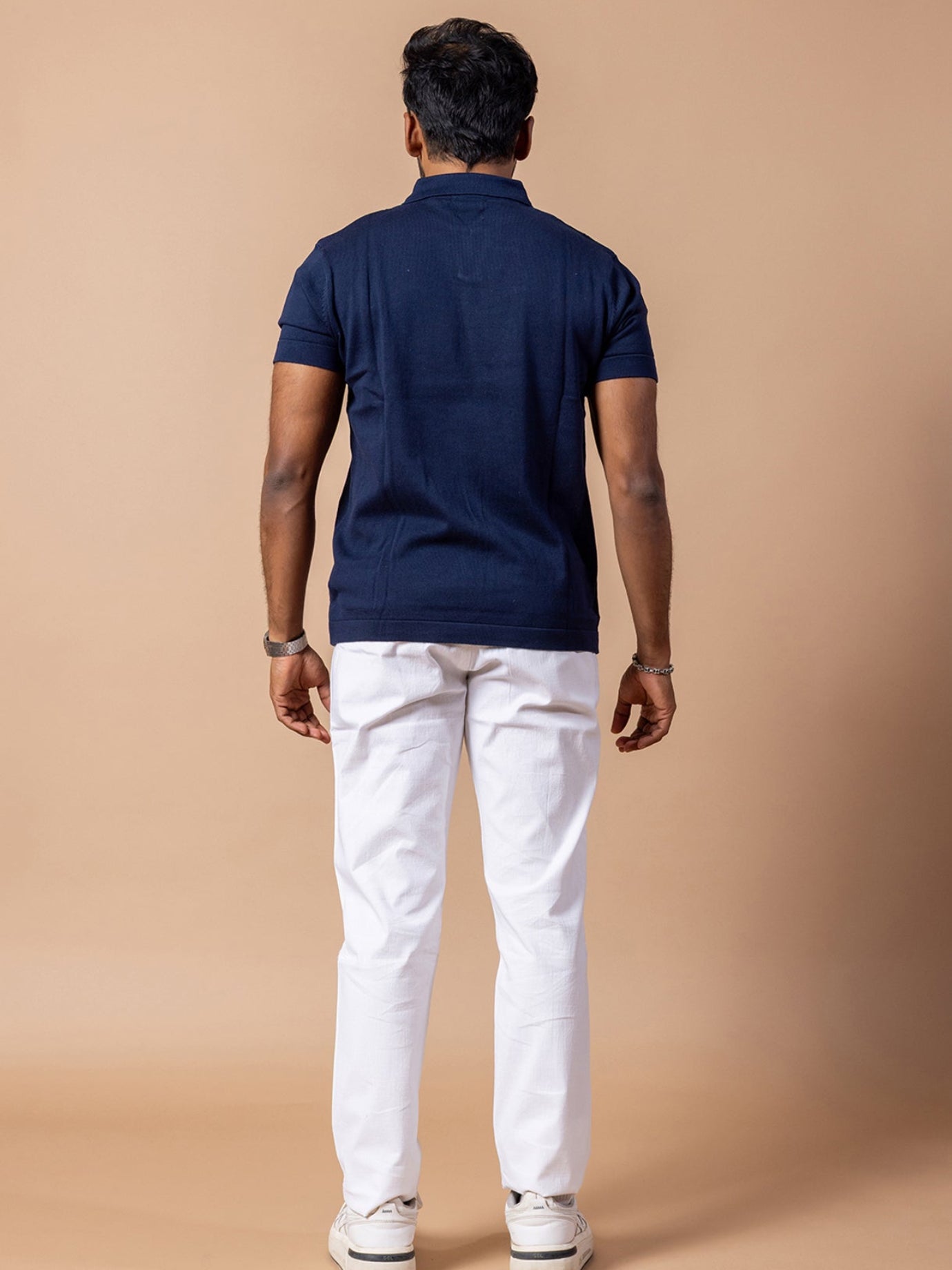 Navy Blue Rib Knit Polo for Men | 100% Cotton Regular Fit Open Collar