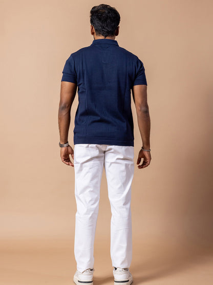 Navy Blue Rib Knit Polo for Men | 100% Cotton Regular Fit Open Collar