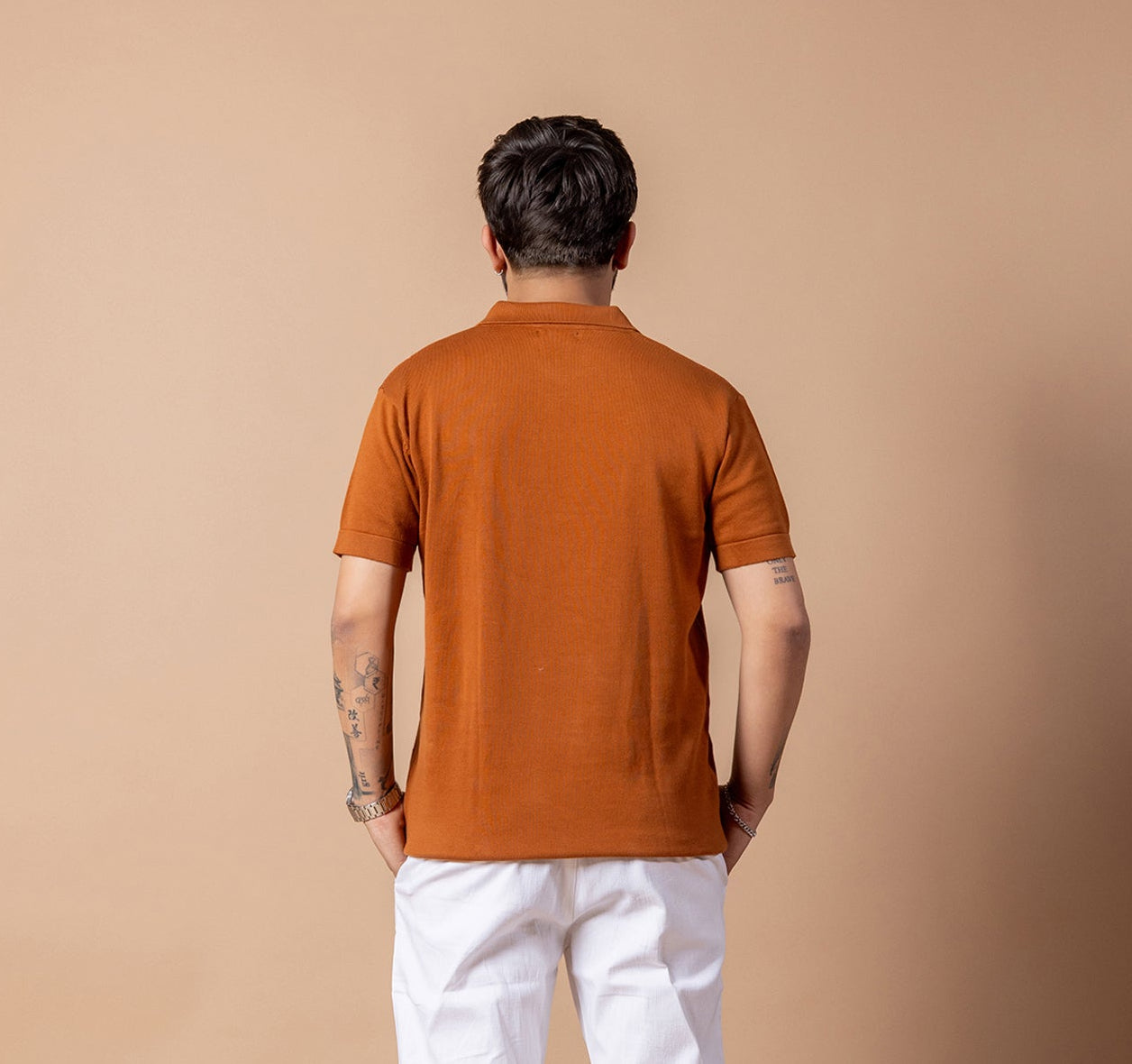 Rusty Brown Rib Knit Polo T-shirt for Men | 100% Cotton Regular Fit Relaxed Collar
