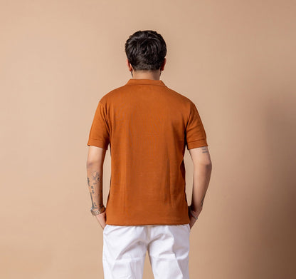 Rusty Brown Rib Knit Polo T-shirt for Men | 100% Cotton Regular Fit Relaxed Collar