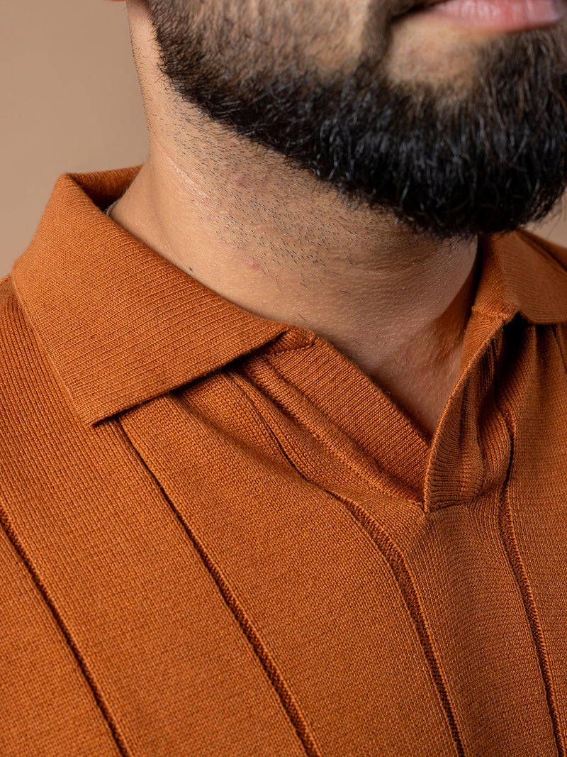 Rusty Brown Rib Knit Polo T-shirt for Men | 100% Cotton Regular Fit Relaxed Collar