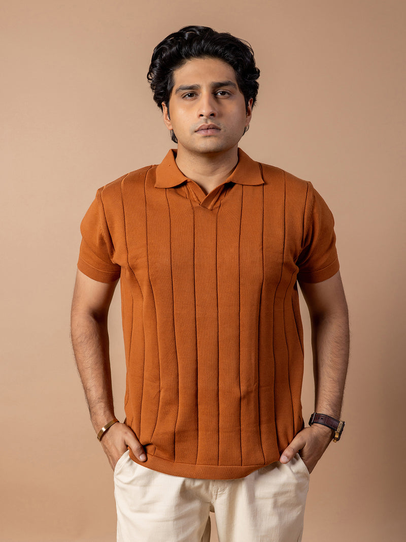 Rusty Brown Rib Knit Polo T-Shirt & Beige Linen Pant Regular Fit Combo