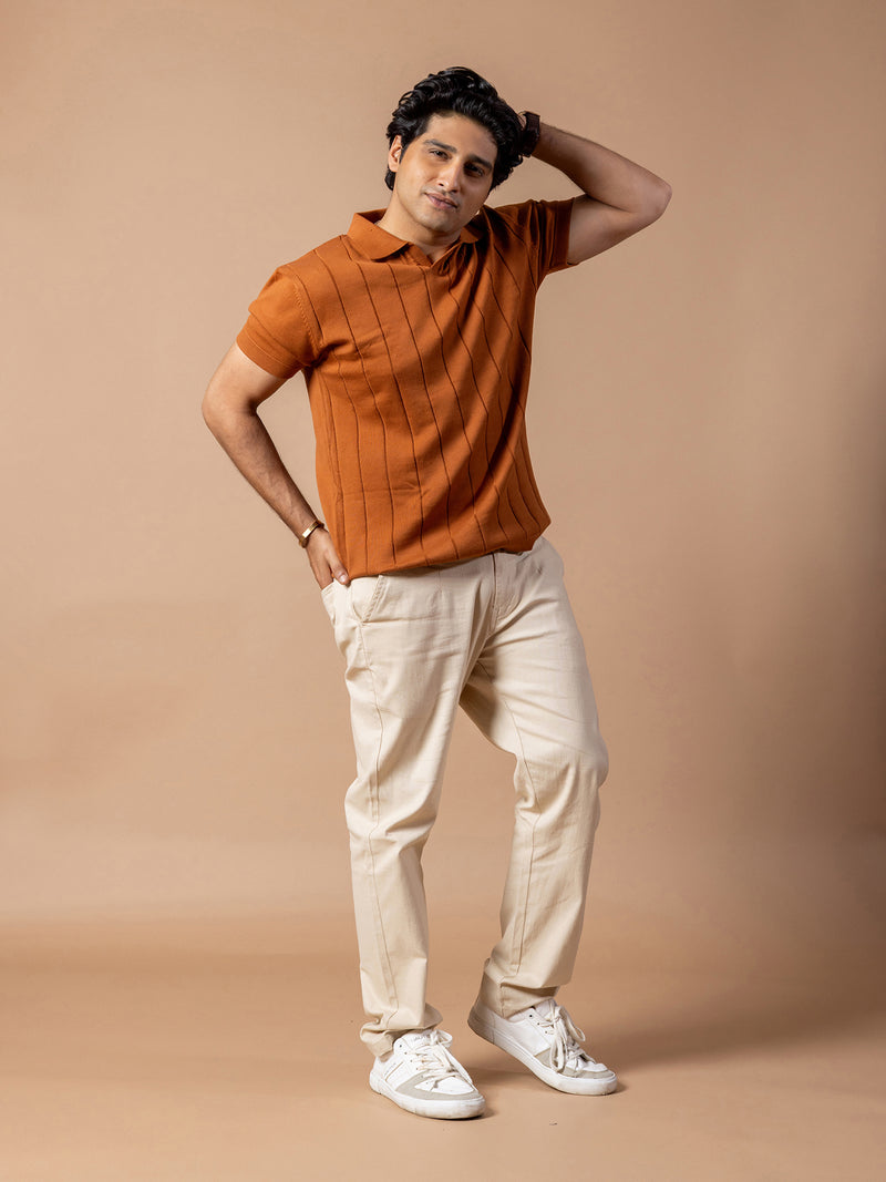 Rusty Orange Rib Knit Polo T-Shirt & Beige Linen Pant Regular Fit Combo