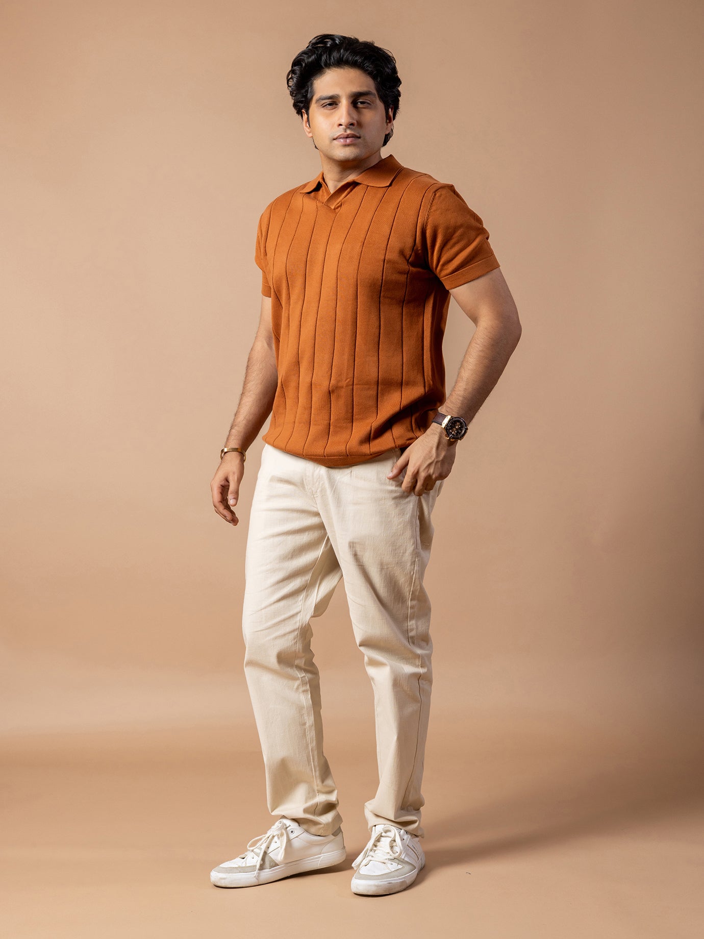 Rusty Brown Rib Knit Polo T-Shirt & Beige Linen Pant Regular Fit Combo