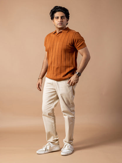 Rusty Brown Rib Knit Polo T-Shirt & Beige Linen Pant Regular Fit Combo