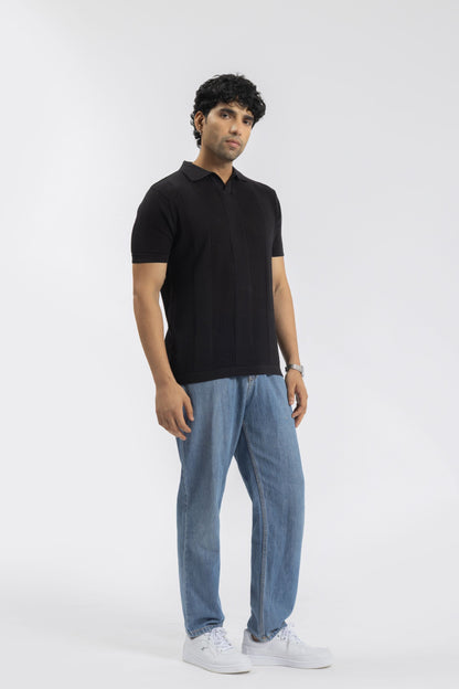 Black Knitted Open-Collar Polo | Textured Cotton Knit