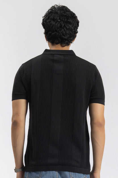 Black Knitted Open-Collar Polo | Textured Cotton Knit