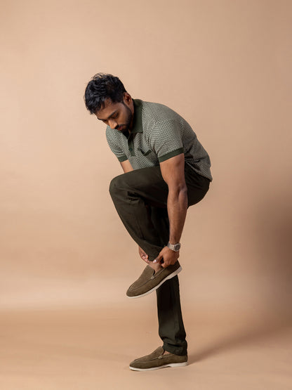 Olive Jacquard Knit Polo T-Shirt & Olive Linen Pant Regular Fit Combo