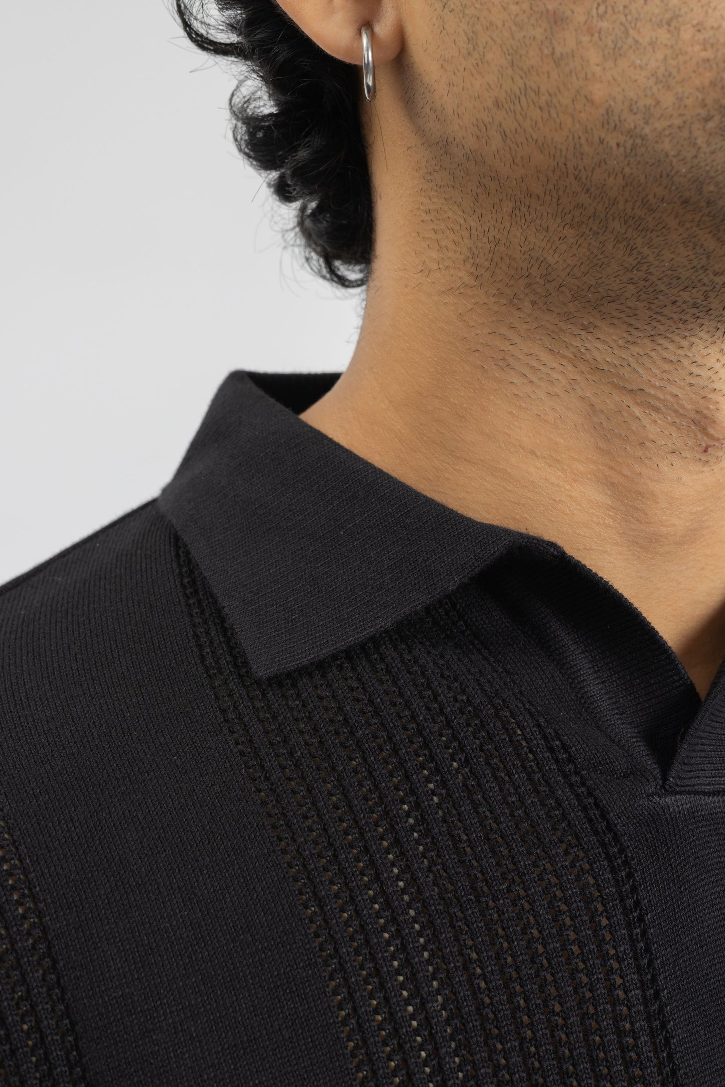Black Knitted Open-Collar Polo | Textured Cotton Knit