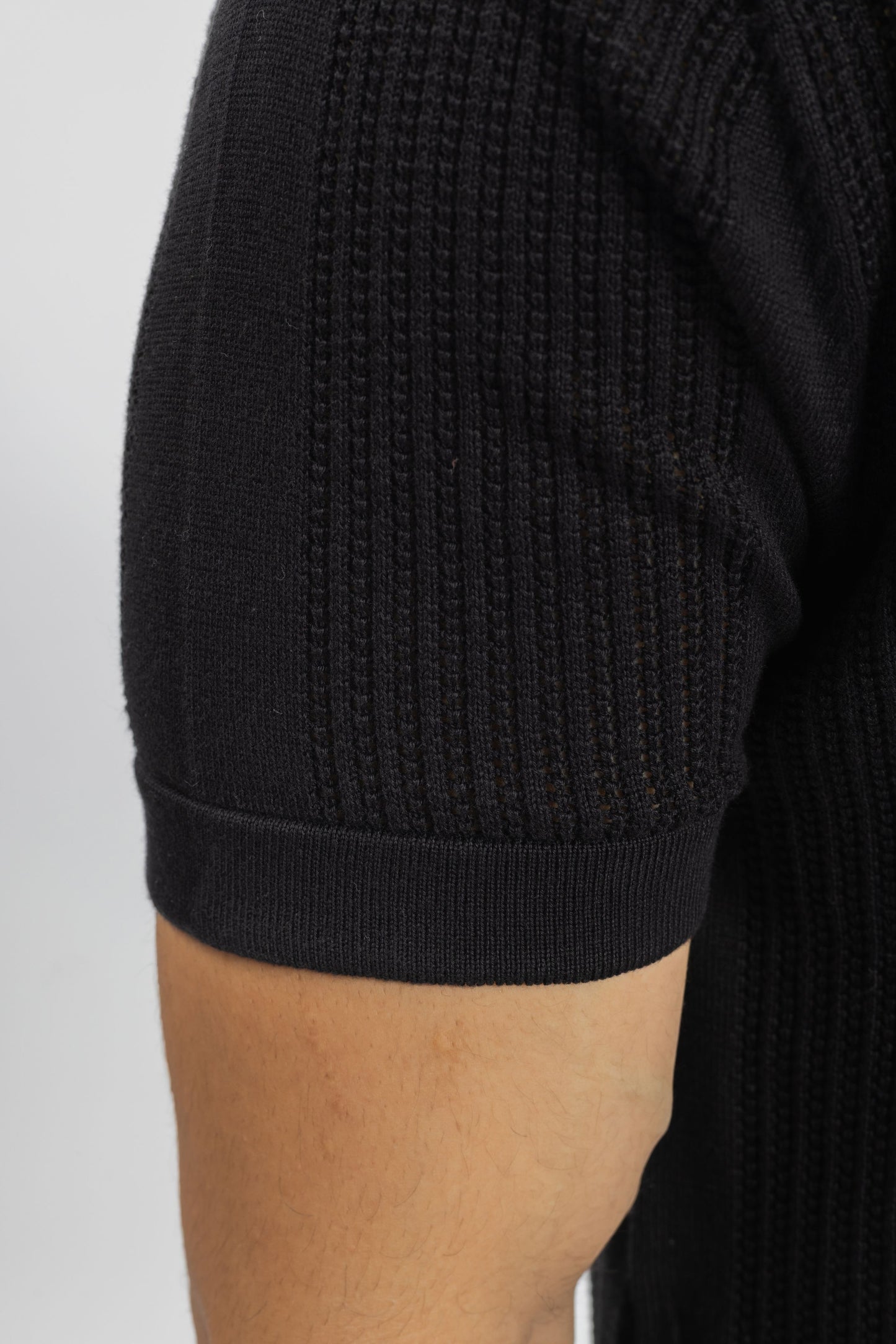 Black Knitted Open-Collar Polo | Textured Cotton Knit