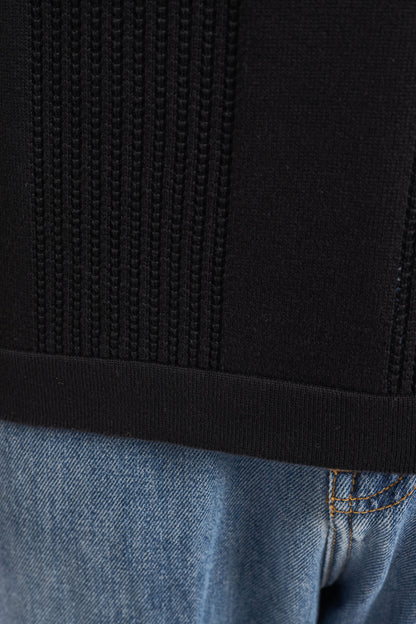 Black Knitted Open-Collar Polo | Textured Cotton Knit