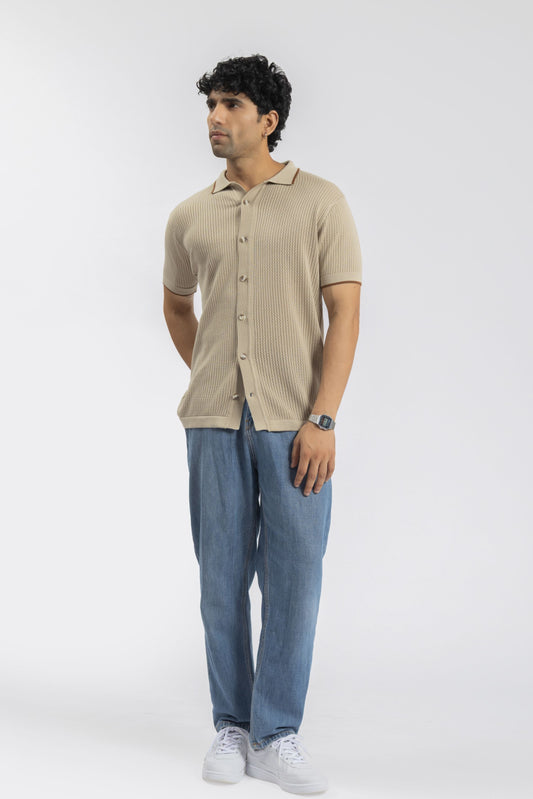 Beige Mesh Button-Front Knitted Shirt