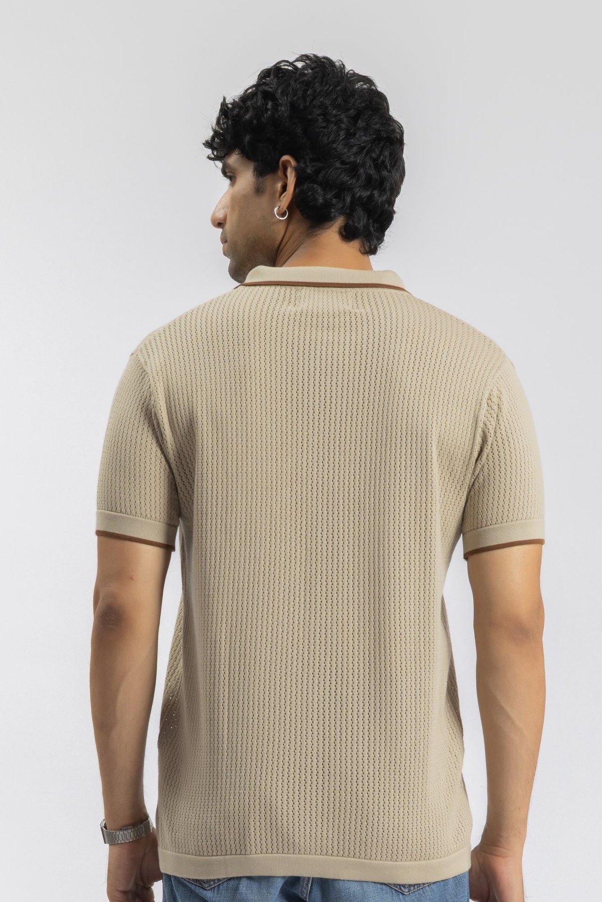 Beige Mesh Button-Front Knitted Shirt
