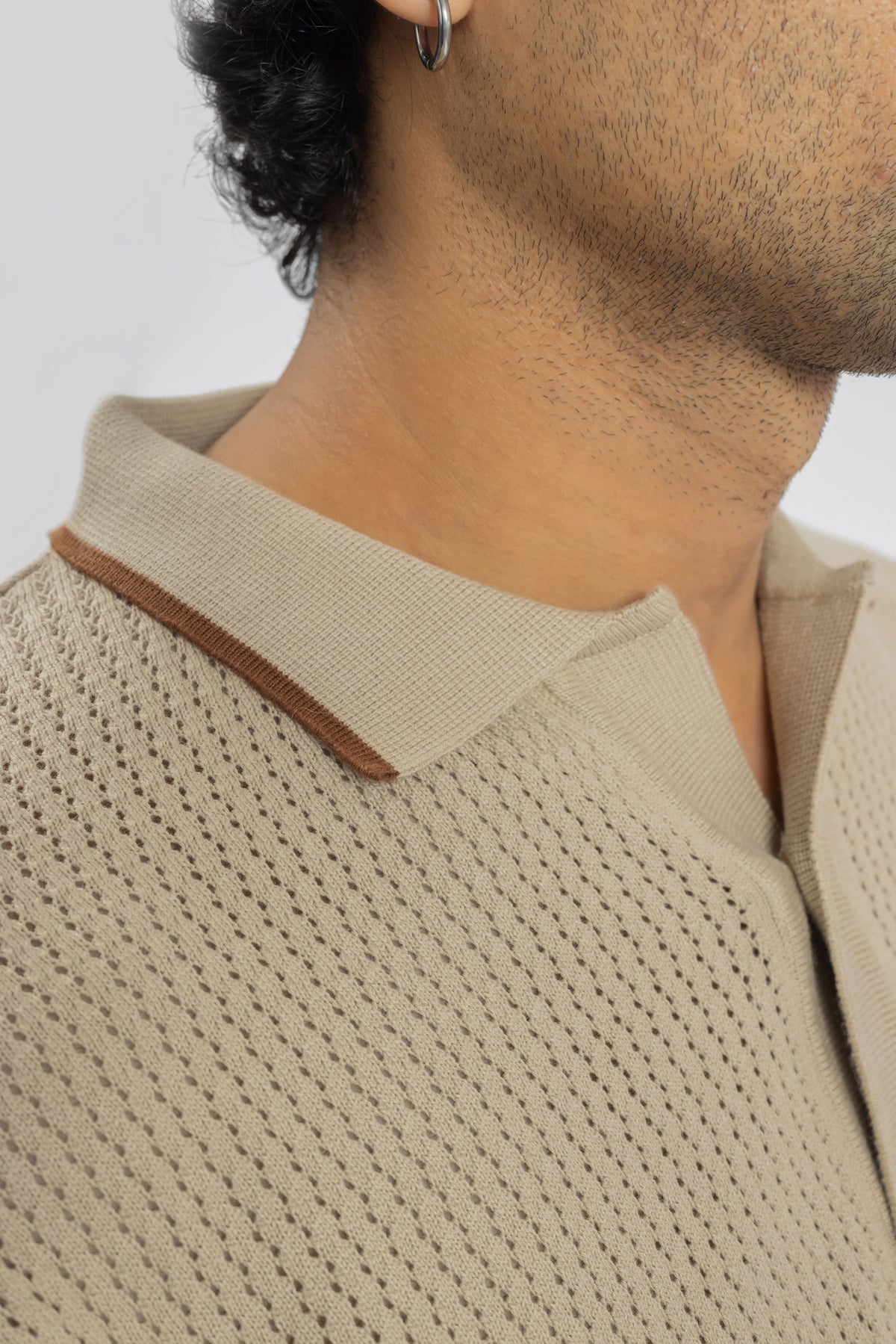 Beige Mesh Button-Front Knitted Shirt