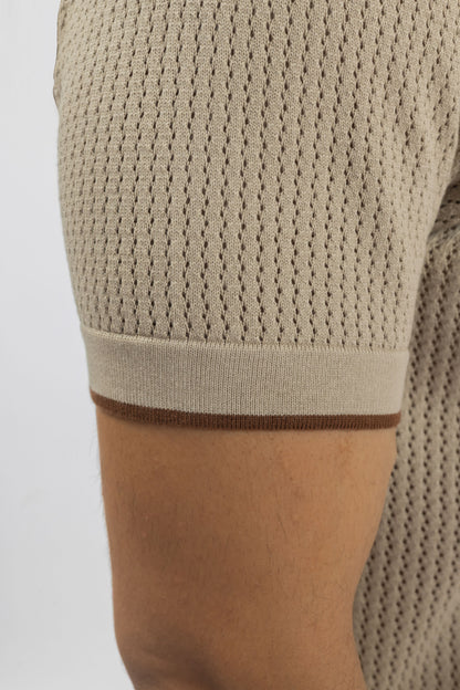 Beige Mesh Button-Front Knitted Shirt