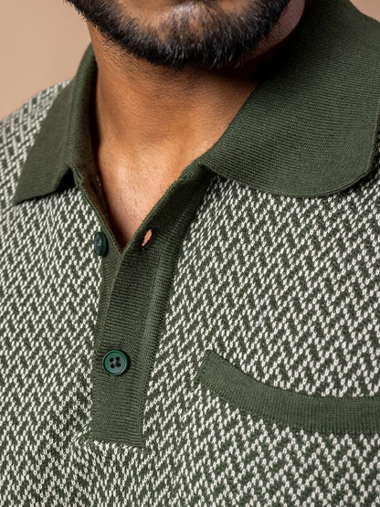 Olive & Beige Jacquard Knit Polo T-shirt for Men | Premium Cotton Slim Fit