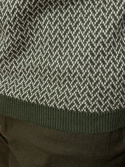 Olive & Beige Jacquard Knit Polo T-shirt for Men | Premium Cotton Slim Fit