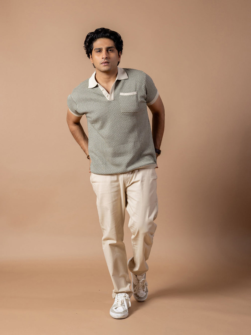Beige Jacquard Knit Polo T-Shirt & Beige Linen Pant Regular Fit Combo