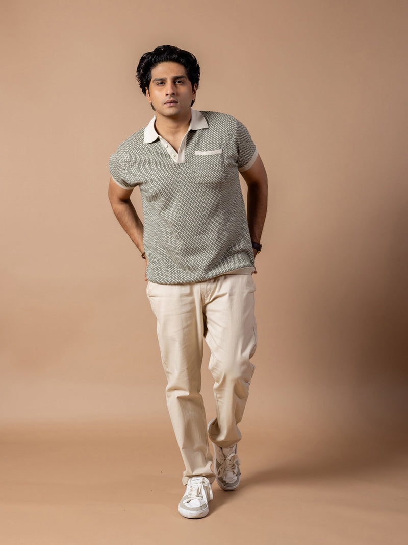 Clay Beige Jacquard Knit Polo T-Shirt & Beige Linen Pant Regular Fit Combo