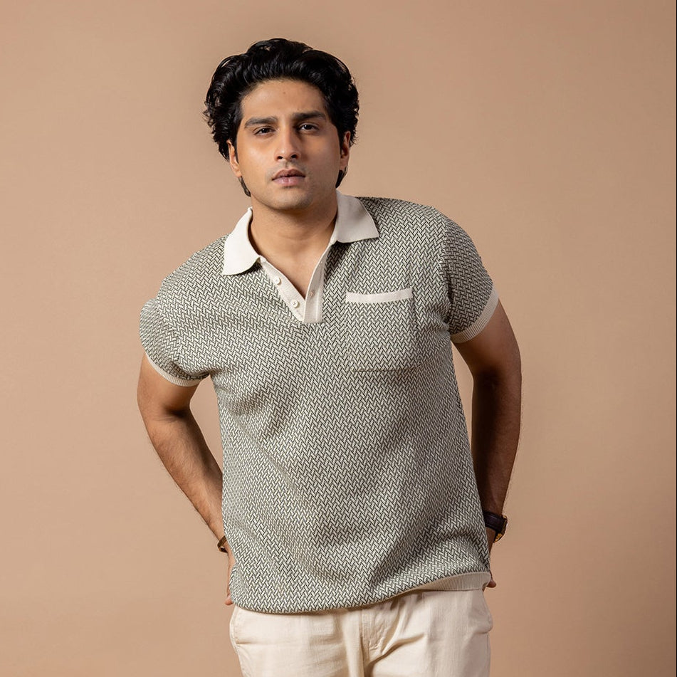 Beige & Olive Jacquard Knit Polo for Men | Premium Cotton Slim Fit