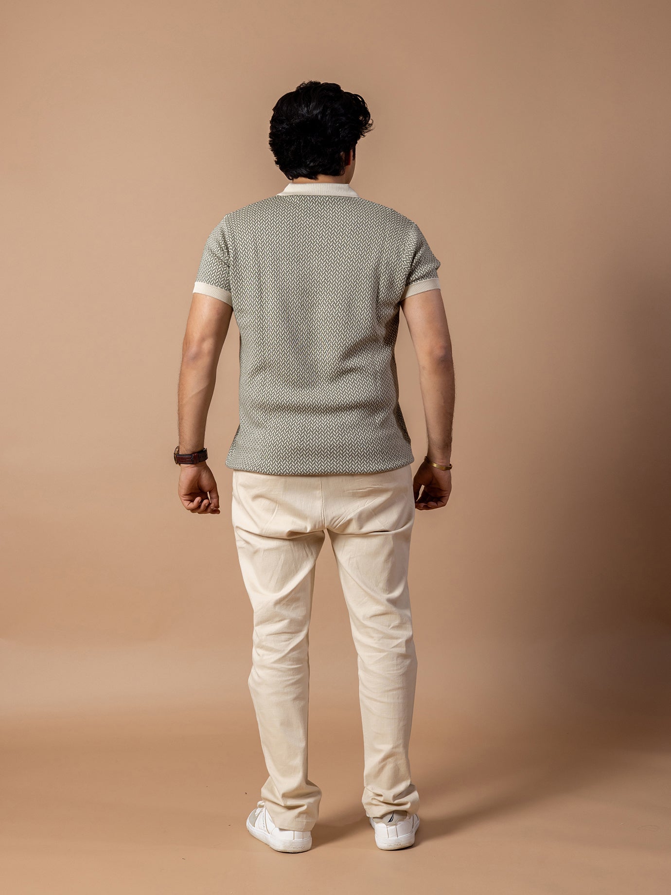 Beige Jacquard Knit Polo T-Shirt & Beige Linen Pant Regular Fit Combo