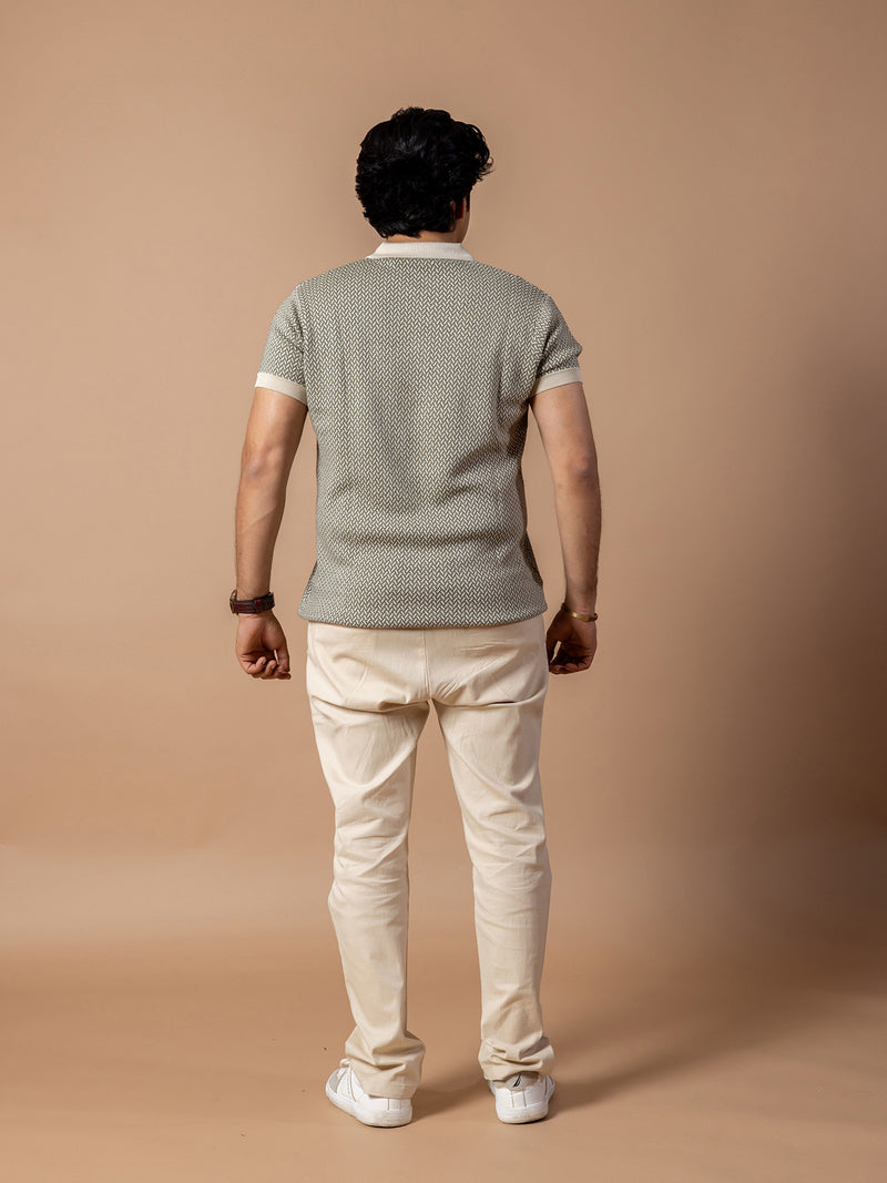 Beige Jacquard Knit Polo T-Shirt & Beige Linen Pant Regular Fit Combo