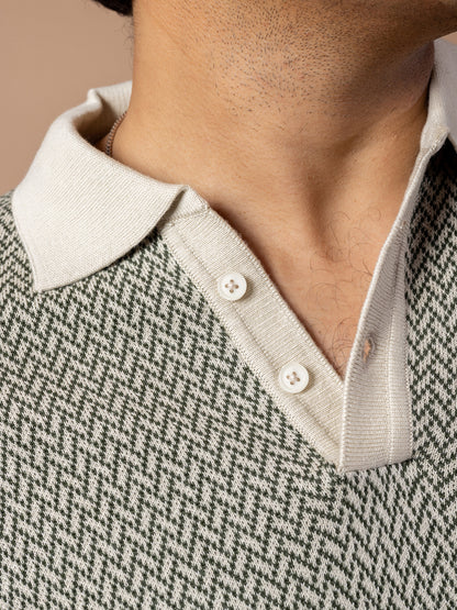 Beige & Olive Jacquard Knit Polo for Men | Premium Cotton Slim Fit
