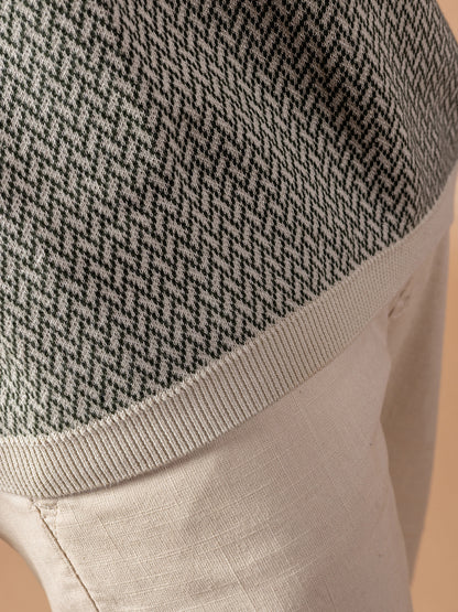 Beige & Olive Jacquard Knit Polo for Men | Premium Cotton Slim Fit